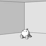 A view of an empty room, with a spherical robot with banded arms and legs and an antenna sitting on the floor near the corner. The robot looks bereft and maybe a bit surprised.