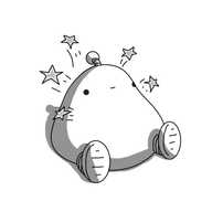 An amorphous robot sitting on the ground with its banded legs splayed out in front of it. It has a little antenna and a vacant smile on its face. Little stars are flying out of it, presumably indicating its magical nature.