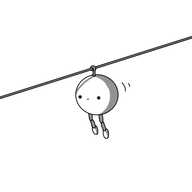 A spherical robot with jointed legs and a little hook-shaped antenna that hangs off an angled cable. The robot is sliding downward with a blank expression on its face.