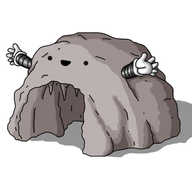 A robot in the form of a rocky hillock with a large cavity on its front, allowing access to a shadowy tunnel with stalactites hanging from the ceiling. It has two banded arms on either side, extended in welcome, and a smiling face above the cave mouth.