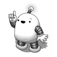 A round topped robot with banded arms and legs and an antenna with a yellow, glowing lightbulb on the end. It's holding up one finger and looks surprised and delighted, as if it's just come up with an idea (which it has).