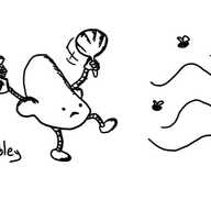 a robot shaped like a nose with an unhappy face on the tip fends off a wafting smell, complete with flies, using an old-fashioned fan that it waves desperately in one hand, while in the other it sprays a can of air freshener in the other direction. it has one leg raised as if lashing out at the stink.