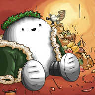 A scene depicting a wood-paneled room, in the corner of which sits a robot rather like Bigbot - a large, ovoid robot with banded legs - dressed in a green, fur-trimmed velvet robe (with empty sleeves) and a crown resembling a holly wreath on its head. Piled around it are all kinds of foot stuffs, including pies, cakes, turkeys, wheels of cheese, links of sausages, bottles of wine and what appears to be a big Toblerone. Bigpalbot is perched atop this at the larger robot's side, holding up a torch shaped like a cornucopia that sheds ruddy light across the scene. Scroogebot stands just inside the door to the darkened adjoining room, looking shocked as it beholds the scene before it.