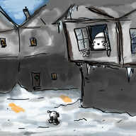 A Victorian city street, covered in snow and ice. Windows in the background are lit up, casting light on the snowy ground, while the sky above is pale and blue. Scroogebot leans out of an upstairs window it's thrown open, smiling and pointing down at a small, spherical robot with banded arms and legs and an antenna, holding out its hands.