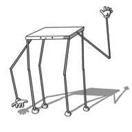 A robot in the form of a rectangular platform with its smiling face on one of the long sides. It has four long, jointed legs on each of its corners, and two equally long jointed arms connected to its short sides. One arm is reaching down, fingers splayed to grab something, while the other is waving.