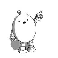 An ovoid robot with banded arms and legs and an antenna. It's standing, pointing towards the top right of the frame, opening its mouth as if speaking and looking directly at the viewer.