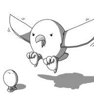 An ovoid robot with two large, hinged wings on either side, banded legs ending in somewhat squishy talons and a hooked beak on its face. It looks a bit angry as it swoops low, talons raised, heading for a worried looking Bigbot on the ground, which it dwarfs.