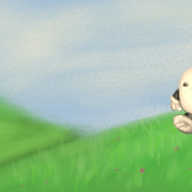 A soft, pastel drawing of a round robot with banded arms and legs and an antenna, walking along a grassy hillside peppered with small, purple flowers. A second hillside is visible in the background, with a lone tree near its top. The sky above is blue, feathered with paler clouds, and everything is tinted slightly towards the warm end of the spectrum, suggesting it could be early in the morning or late in the afternoon.