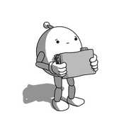 A round robot with jointed arms and legs and an antenna. It's holding a tabbed folder in front of it that is stuffed with documents and has a sympathetic expression on its face.