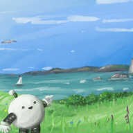 A watercolour-style image of a clifftop view across the sea. In the foreground is a grassy meadow speckled with wildflowers, with a gorse bush in flower on the edge. Grey cliffs march out in a series of headlands, fading into grey hills, while the sea is dark teal, with the suggestion of white wave crests washing in towards the cliffs and a sailboat bobbing along. Two seagulls wheel in the blue sky which is streaked with pale clouds. A spherical robot with banded arms and legs and an antenna stands at the front of the frame, smiling and pointing out at the view.