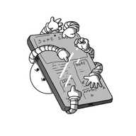 A phone displaying a website that has a few blocks of text interspersed with drop-downs, frames and videos labelled things like "SOME SHOW", "FRAME", "SAME SHOW" and "AUTOPLAY". The top of a round robot is visible peering out from one side, its eyes angry, while six banded arms emerge from beneath the phone at other angles, variously clicking, pointing, swiping or poised for action over the jumbled screen.