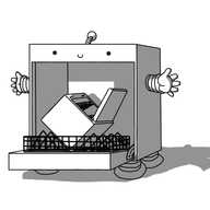 A robot that is essentially a big dishwasher. It has four short, banded legs on its underside and two banded arms on either side. Its smiling face is on a panel above its open door and it has an antenna on top. The robot has a rack pulled out across its door, on which rests an ordinary dishwasher, tilted up on one corner with its own door open, taking up about a third of the available room in the robot.