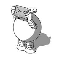 A round robot with banded arms and legs and an antenna, holding up an envelope in front of it, raised as if towards the light. The contents of the envelope are rendered semi-transparent, revealing that in addition to a card or letter, there are lots of little dots and blobs all clustered at the bottom or caught up in the envelope's folds. The robot doesn't look happy about this.