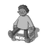 A robot shaped like a little rounded footstool, with a concertina section in its middle and four short legs on its underside. Its smiling face is on the lower part. A person is sitting on top of the robot, also smiling, and swinging their legs over the edge.