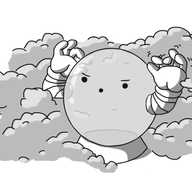 A robot in the form of a crystal ball. It's on a little tapered base and has two banded arms. One hand is resting against its surface, while the other is held up, fingers waggling in a spooky manner. The robot has a determined face, and its mouth looks like it's going, "ooooooh". Opaque clouds surround and enfold it, adding to its general sense of faintly sinister mysticism.