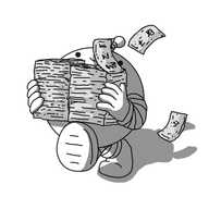 A spherical robot with banded arms and legs and an antenna, walking along holding two large stacks of notes/bills (as in money) that cover most of its body. A few of the notes are flying free, fluttering behind it.
