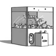 A robot version of a claw machine arcade game. It takes the form of a large box, with a perspex upper section and a cuboid projection that has coin and change slots and two levers that look like banded robot antennae. Inside the box is a banded arm that extends from the ceiling, that is waggling its fingers over numerous plush Mondaybots piled up below it. A hatch is next to the controls for retrieving the prizes, and one of the plushes has just appeared in it. The robot's face is on the panel above the perspex section, and it's making an excited 'ooooh' face, with its mouth slightly to one side.
