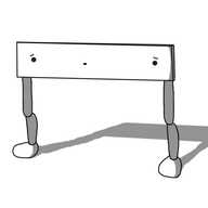 A robot in the form of an athletics hurdle with jointed legs instead of struts. It has a big, flat, rectangular section with its face on it, with its eyes at either end, looking a bit worried.