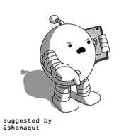 An ovoid robot with banded arms and legs and an antenna, angry yelling into a phone and jabbing its finger downwards, as if to emphasise various points it's making.