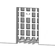 A rectangular doorway in a wall barricaded on the far side by a medieval-style portcullis consisting of four vertical bars and five horizontal ones, but formed of a single piece. One of the holes in the middle near the top is filled in, and has a grumpy little face on it.