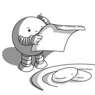 A spherical robot with banded arms and legs, holding up a restaurant bill that is about as big as it is, frowning down at it and scratching its head. It's standing next to a plate, on which are positioned two fat, rounded discs - presumably mints. The top of the bill is curled over, revealing that the name of the establishment is 'THE BANDED ARMS'.