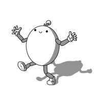 An ovoid robot with jointed arms and legs and a zigzag antenna. It's walking forward, arms held out, smiling happily.