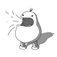 A pear-shaped robot with two banded legs and an antenna. It has a wide, open mouth, into which air is being drawn, indicated by motion lines. There is a rippling pool of water just visible at the bottom of its mouth and it has an angry expression on its face.