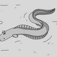 A robot in the form of an eel, undulating through the water. It has a blunter head than an actual eel, with a little smiley face on it and an antenna on top. It has two hinged flippers on either side near its front and ribbon-like fins that run along its dorsal and ventral surfaces, coming together in a point around its tail. Bubbles are rising from the robot's head.