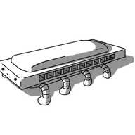 A little harmonica, with the holes facing towards the frame. It has eight banded legs, arranged under its long sides like it's some kind of arthropod, and a smiling face on one of the short ends.