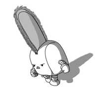 A robot in the form of a little chainsaw with a curved top. It has banded arms and legs and has a really angry face on its front. The chainsaw blade projects from a slot on its top, and its teeth (the saw's, not the robot's) are blurred with motion.