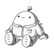 An ovoid robot with an antenna, sitting on the ground with its feet out in front of it. It's wearing some dotty pyjamas in a traditional loose collared shirt style, and smiling cheerfully.