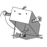 A robot in the form of a large, cuboid box with a face on the front, two banded arms on the side and an antenna. It's held up at an angle by a stick tied to a cord which the robot is holding, and there's a steaming Teabot underneath it.