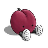 A robot in the form of a plum. It has banded legs and is sitting on the ground with its feet out in front of it. It has eyes but no mouth and is coloured a dusty reddish purple (i.e. plum). A stalk on its top is coloured reflective black, the same as its legs.