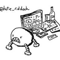 a little ovoid robot with four legs and a really angry face complete with big sharp teeth, standing in front of a mobile phone, a cinema ticket, a screen showing Netflix, several magazines, a can of beer and a bottle of wine.