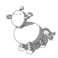 A robot with two sections: the lower part is a lateral ovoid with four banded legs and a horse's tail, while the upper part is attached to the front of the ovoid by a short, banded stem and is roughly spherical with two banded arms and an antenna. The robot's smiling face is on the upper section.