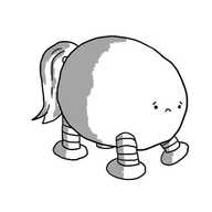 An ovoid robot with four legs and an equine tail. It has a sad expression on its little face.