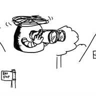 a dome-shaped robot with a helicopter on the top, hovering above a bus stop sign with trees and the gables of houses in the background. It holds a large pair of binoculars in its hands with it's peering through with a doubtful expression.