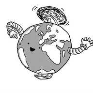 A robot in the form of a globe, with two arms - one emerging from the Indian Ocean and the other from somewhere in western Canada - with a happy face in the middle of the Atlantic. It's mounted on a semi-circular bracket so it can spin like a globe and has a propeller on top.