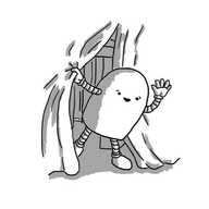 A round-topped robot pushing aside a sheet draped over what appears to be some dining room furniture, leaning out and waving.