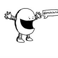 A round robot with a big smiling mouth, holding its arms out wide. A speech bubble is coming from its mouth that says "@smolrobots" in it.