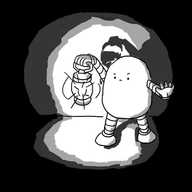 A rounded robot standing near a wall, surrounded by absolute darkness. It holds aloft a lantern which casts light around it and its other hand is held out defiantly.