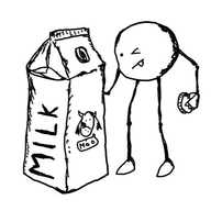 a spherical robot with long, jointed legs so it's tall enough to squint into a carton of milk. its tongue is sticking out in concentration.