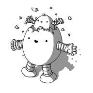 The top section of an ovoid robot with banded arms and legs is cracking like an egg and a smaller robot of similar design bursts forth from within. Both robots seem very happy with the situation.
