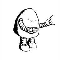 A robot with a rounded top and thick, banded arms and legs cradling a ladybird in one hand and tugging at someone's clothing with the other. It has a pleased expression on its face as it looks down at its discovery.