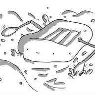 A robot in the form of an inflatable dinghy, with a happy face on the front and two jointed arms that end with oars that it's using to paddle through turbulent water.