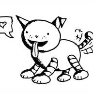 A robot shaped like a little dog with a big smiley face and a long tongue as well as a waggy tail. It has a speech bubble with a heart in it and its nose is also shaped like a little heart.