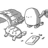 A round-topped robot with banded arms and legs, kneeling with a handful of leaves in one hand and a jug of water in the other. A tortoise is sitting beside him, next to an empty food tray surrounded by fragments of food and a semi-cylinder wooden shelter behind it.