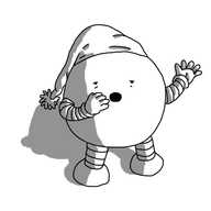 A round robot with banded arms and legs and wearing an old-fashioned nightcap. It's yawning sleepily and waving goodnight.