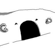 A bank of earth in which has been bored a black tunnel entrance. The entrance is the robot's mouth and it has smiling eyes above it and two little arms waving on either side. There are a couple of trees growing on the right side of the bank.