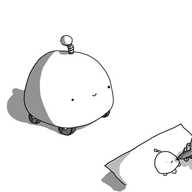 A vaguely hemispherical robot with four little wheels and a banded antenna, smiling blankly. In the foreground, a small hand is sketching a drawing of the robot on a piece of paper.